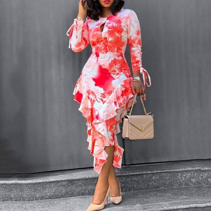2025 Trendy Independent Brand Amazon Autumn and Winter New Commuter Printed Ruffle Bodycon Dress Red S