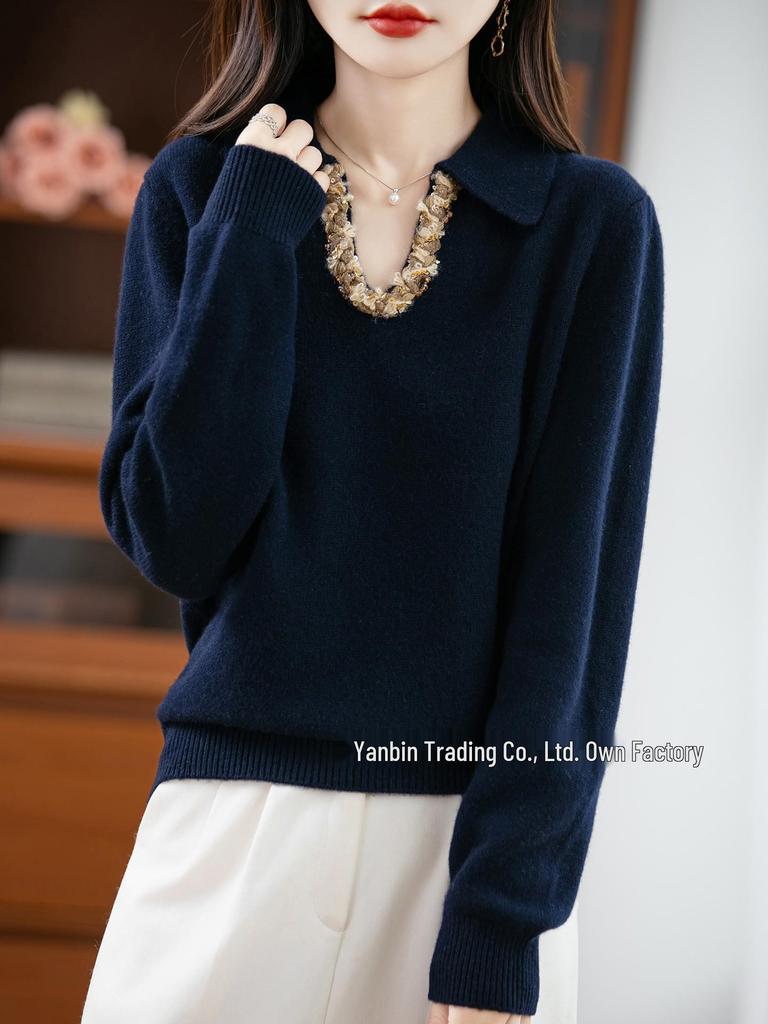 Women's V-Neck Rhinestone Embellished Long Sleeve Polo Collar Sweater