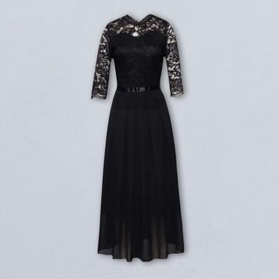 Yousheng Damenkleid Chiffon Durchsichtige Spitze Patchwork Rundhals Lange Ärmel Abendkleid Schlanke Taille A-Linie Plissee Ballpartykleid