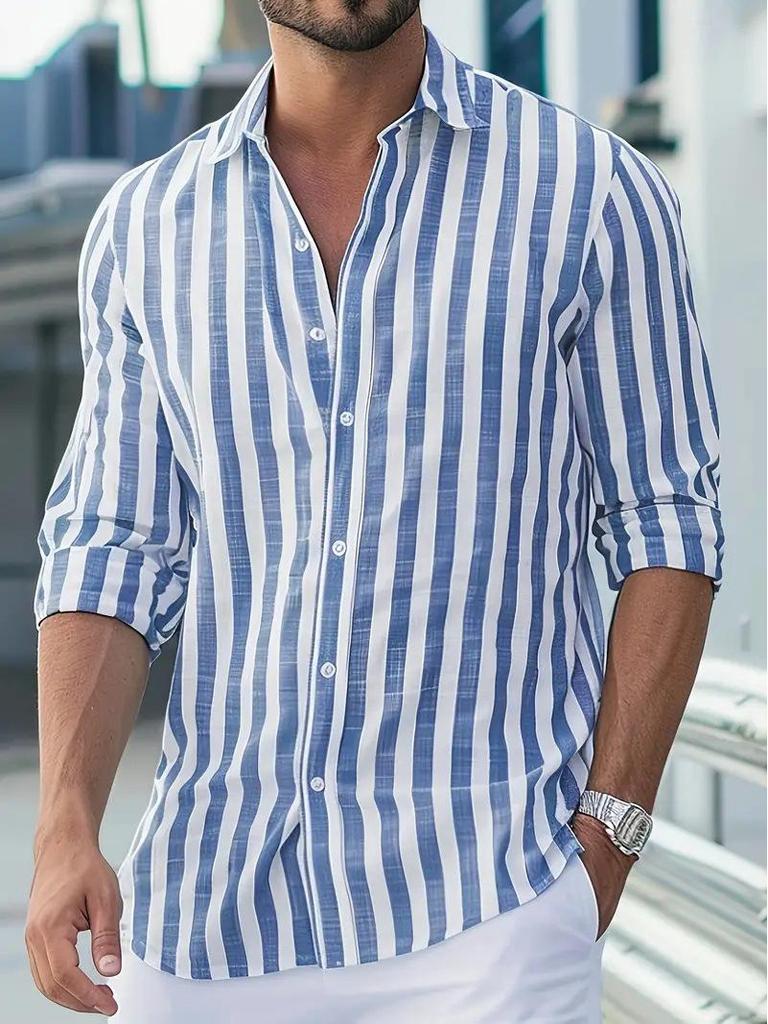 Men's Striped Turn-Down Collar Long Sleeve Shirt for Spring and Autumn 2026.