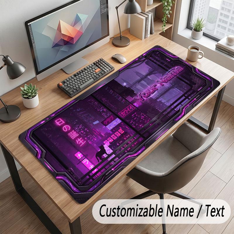 City Cyberpunk Theme Customized Mouse Pad Personalized Print Name Text Desk Mat For Home Office Table Decor