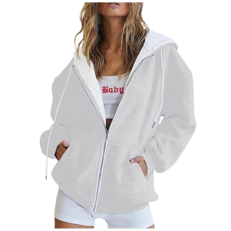 Fashion Hoodie Women Long Sleeve Zipper Hooded Pullover Casual Sweatshirt Solid Color Tops With Pockets