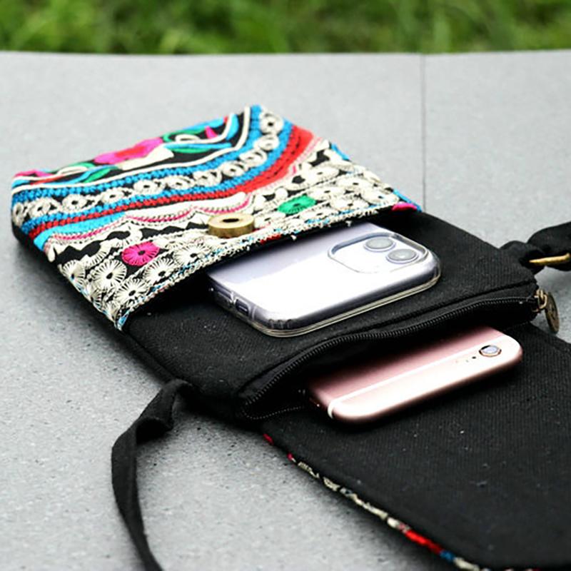 2025 New Ethnic Embroidered Canvas Crossbody Bag Embroidered Two-Layer Mobile Phone Bag Coin Purse