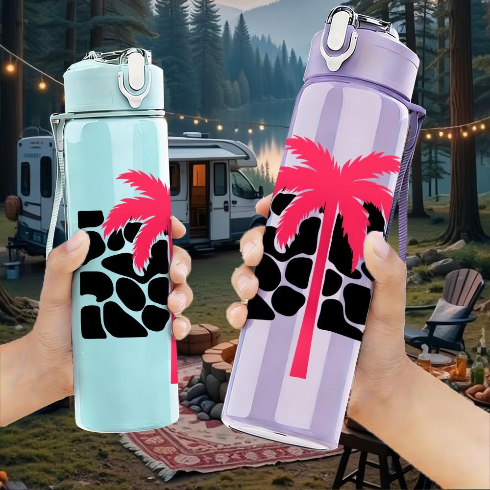 1PC Palm Tree Black Spot Print 750ml Color Plastic Sports Water Bottle Leakproof Flip Straw Lid Suitable for Sports Office Home Use