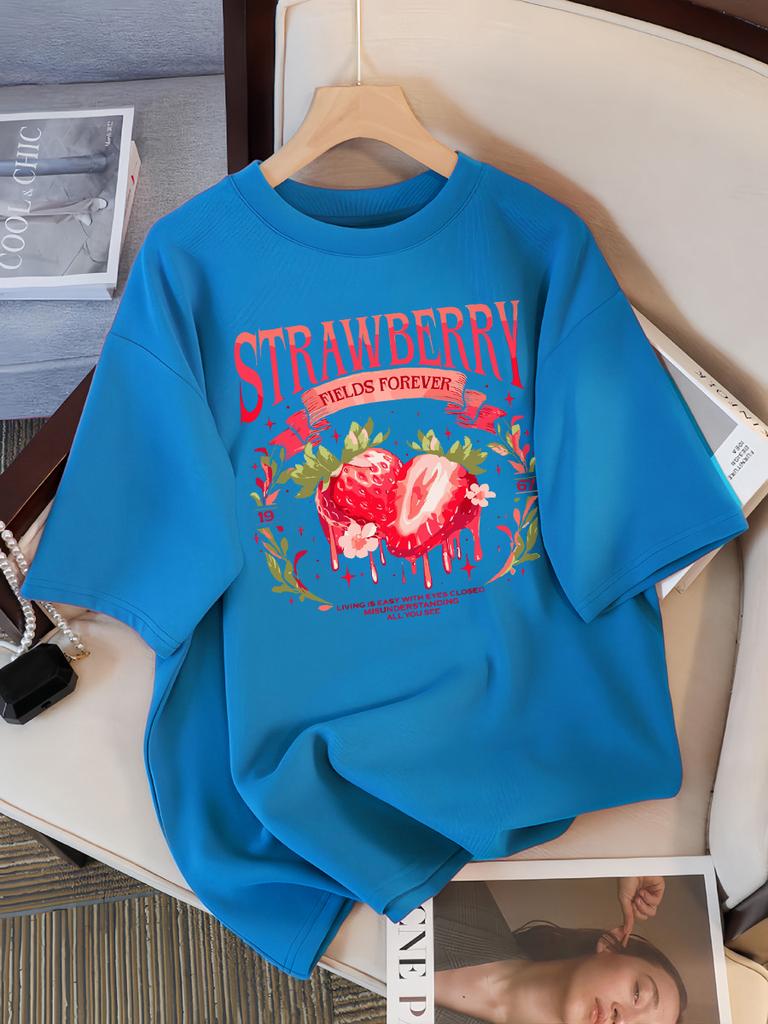 Strawberry Fields Forever Print T-Shirts Damen Atmungsaktives Baumwoll-T-Shirt Hip Hop Locker Streetwear All-Match Freizeitkleidung