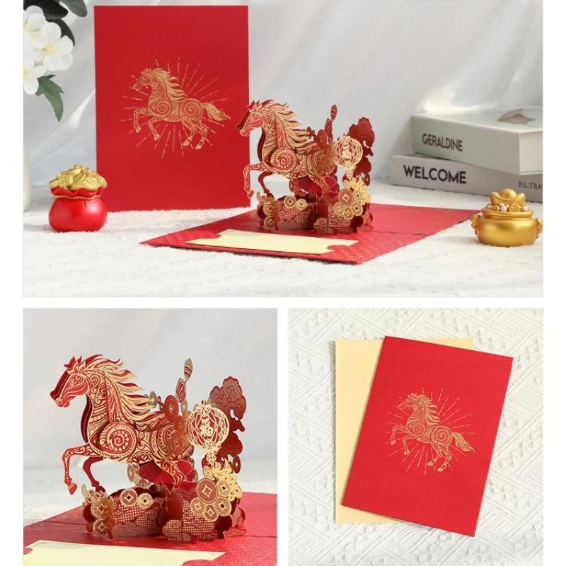 2026 Lunar New Year 3D Greeting Card with Golden Horse Design Includes Card and Envelope Symbolizing Good Fortune and Wealth