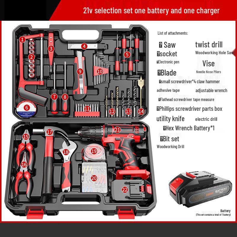 Cordless Lithium Battery Drill Hand Tool Set for Electricians & Carpenters - Multifunctional Repair Kit with Tool Box
