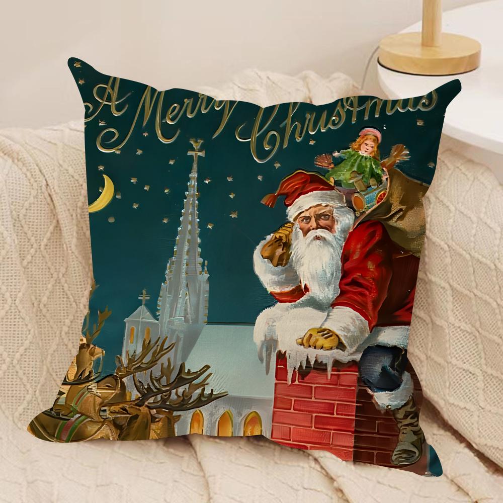 Retro Christmas Santa Claus Cushion Cover Silky Short Plush Invisible Zipper Dustproof Sofa Pillow Case For Home Decor