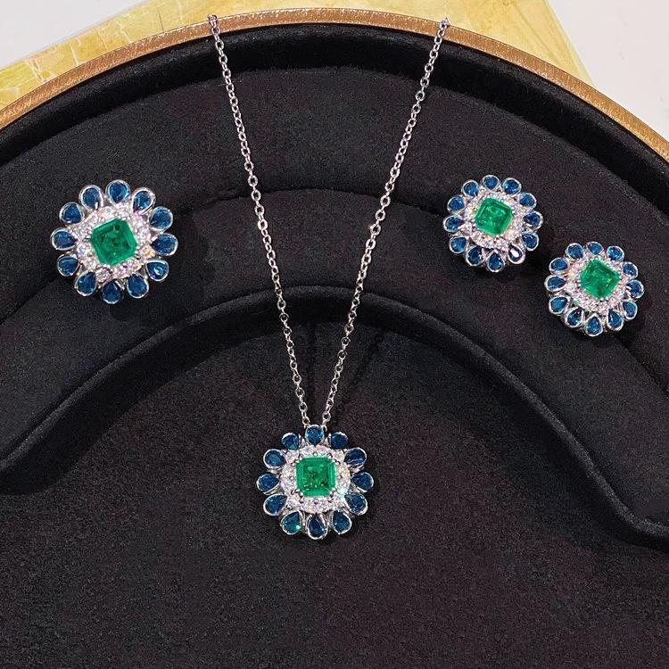 Premium Retro Sunflower Pendant, Daily Versatile Synthetic Emerald Stud Earrings, Open Ring, Colorful Treasure Set For Women