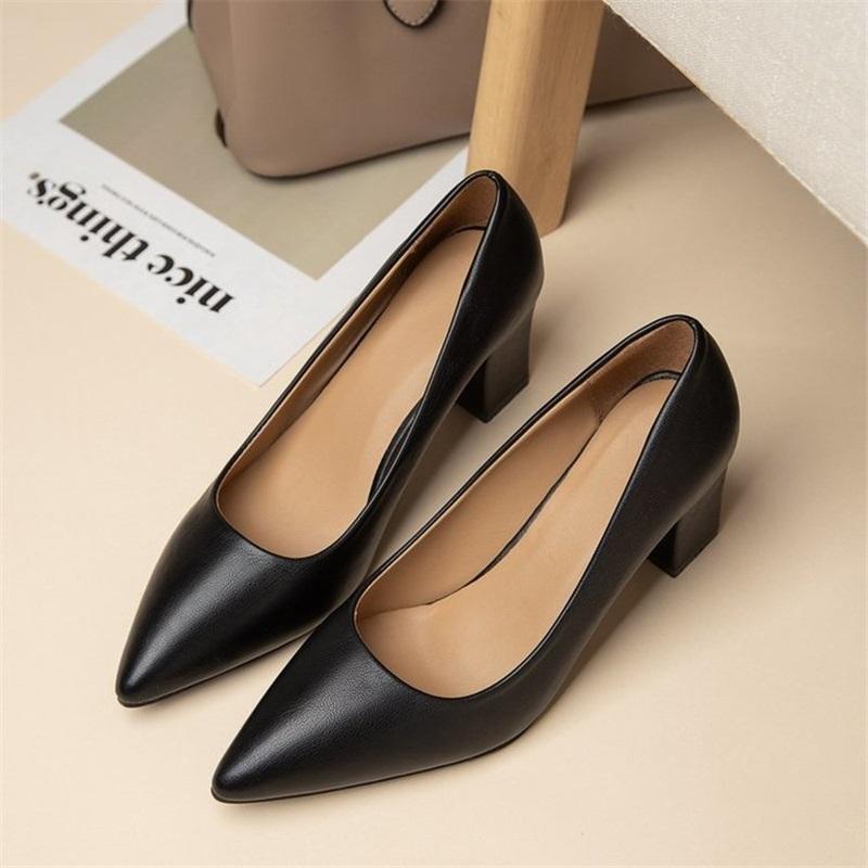 New Korean Style Black Pointed Toe Low-cut Block Heel Pumps, Slip-on Simple Professional Women's Shoes