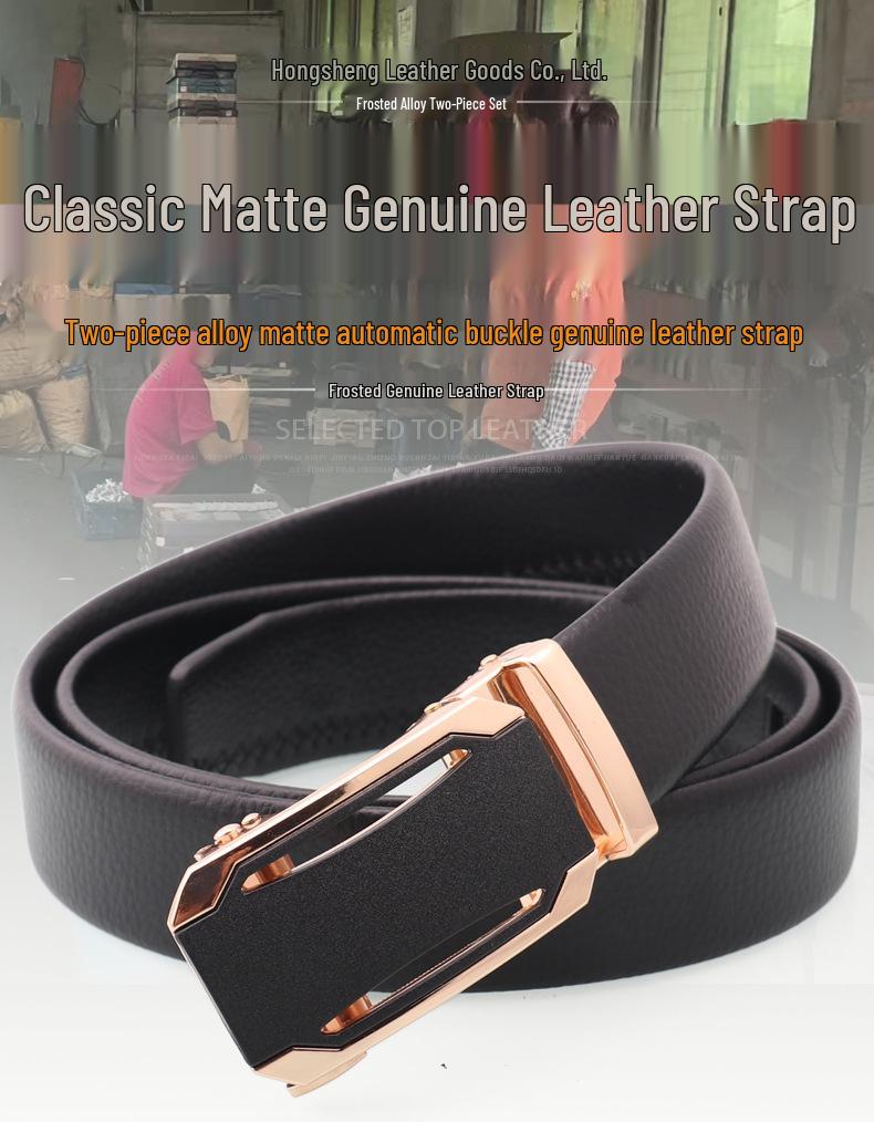 Men's Genuine Leather Belt with Frosted Automatic Buckle - Stylish Alloy Design