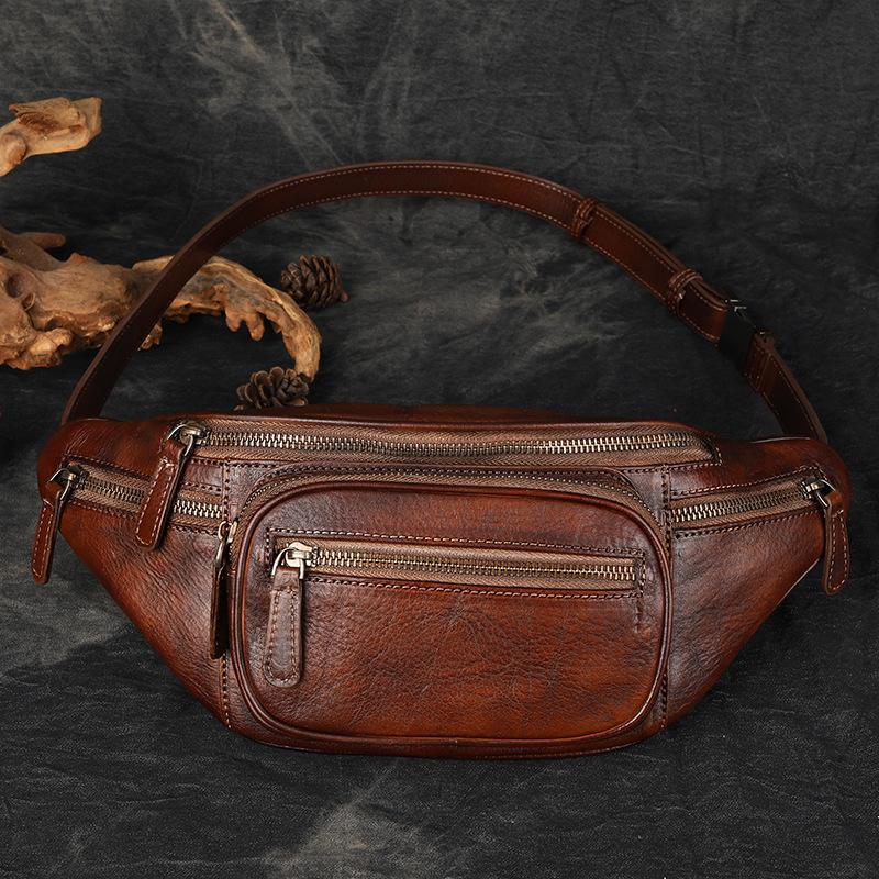 Men's Chest Bag, Crossbody Bag, Trendy Brand Waist Bag, Retro Top Layer Cowhide Motorcycle, Outdoor Motorcycle Riding, Small Size for Women