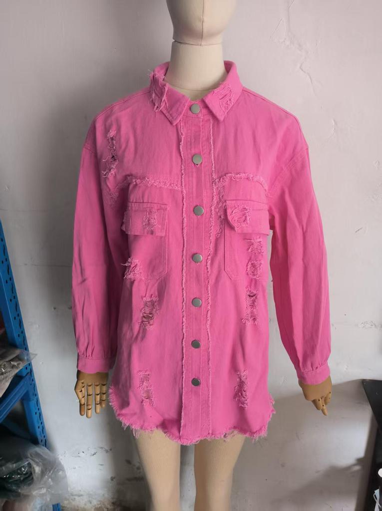 Damen Jeansjacke in Unifarbe, mittellang, mit langen Ärmeln und Rissen - Europäischer und Amerikanischer Stil
