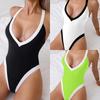 Damen Farbblock Kontrastbesatz Tiefes V Halter Einteiler Badeanzug Hoher Schnitt Schlank Bauchkontrolle Monokini Badeanzug