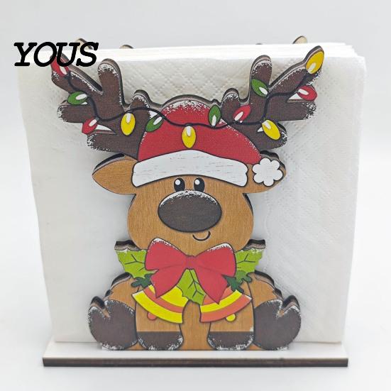 Wooden Holiday Ornament Christmas Napkin Holder for Table, Santa Snowman Reindeer Tree Cocktail Square Storage Tissue Dispenser Winter Parties,