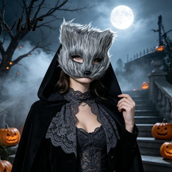 Adjustable Party Mask Long Fur White Fox Half Face Mask, Halloween Masquerade Cosplay Costume Accessories Elegant Fairy for Ancient Style Photoshoot