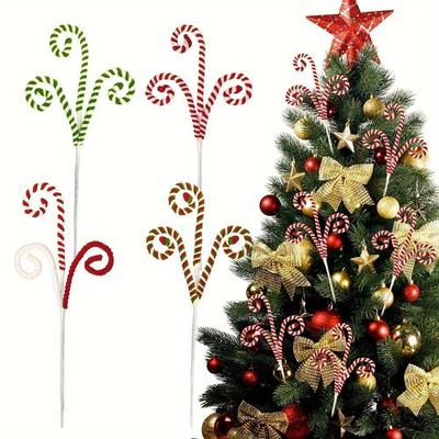 5 peças Galhos Festivos de Bengala Doce, Vermelho, Branco Verde Lã Encaracolada Decoração de Pirulito para Árvore de Natal Enchimento de Vaso Festa de Feriado Decoração de Casa