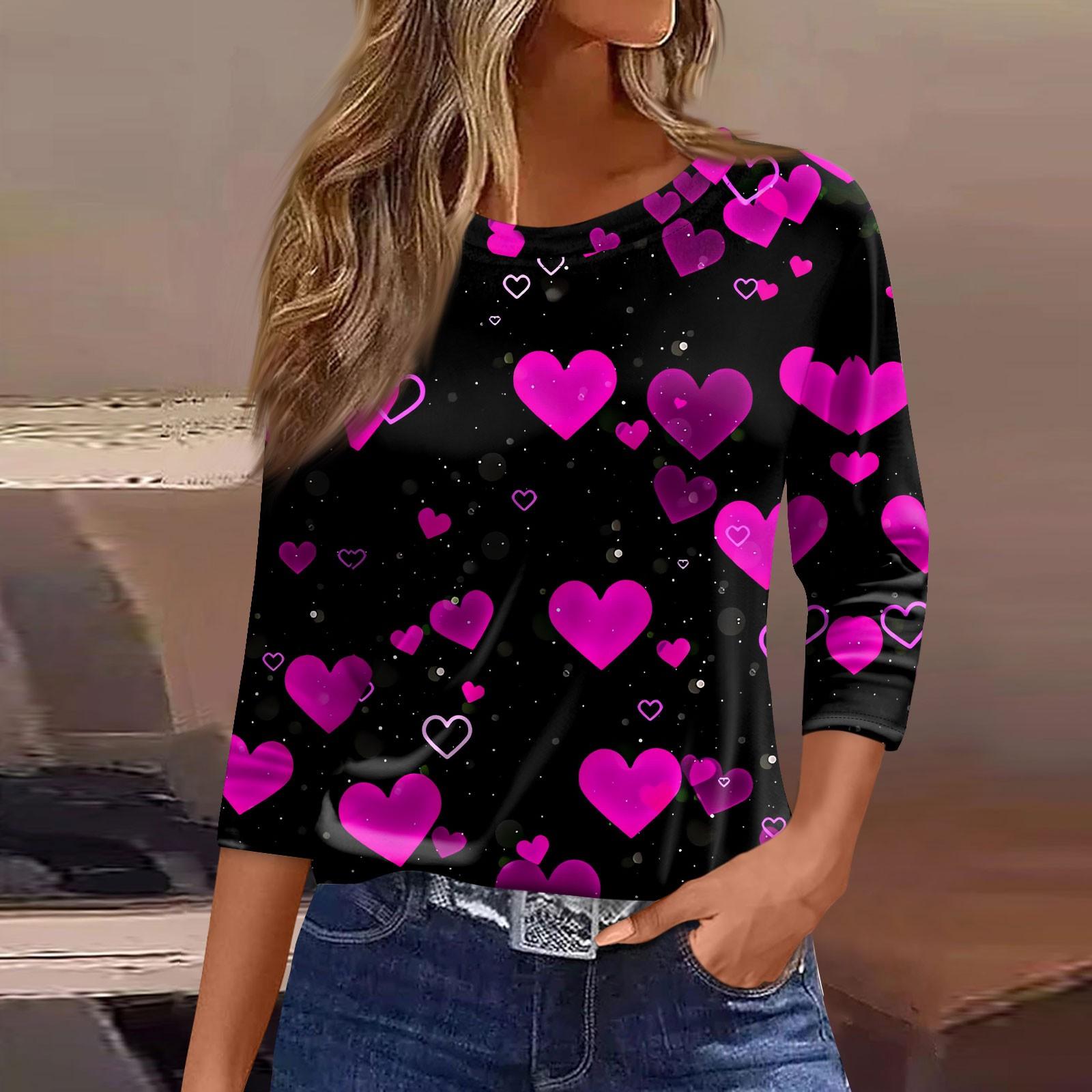 

Женский модный повседневный топ с круглым вырезом и принтом на День святого Валентина с семью рукавами L фиолетовый