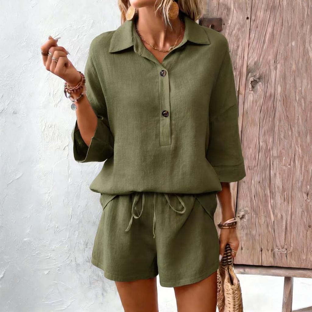 Fashionable Women's Color Cotton And Linen Lapel Short Sleeved Slim Belt Shorts Casual Set