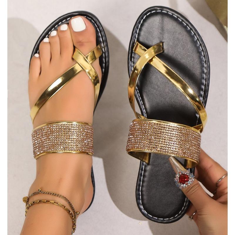 Summer Women Flat Slippers Trendy Sparkle Rhinestone Sandals New Beach Dressy Slippers Slip on Bling Casual Shoes Slides Women