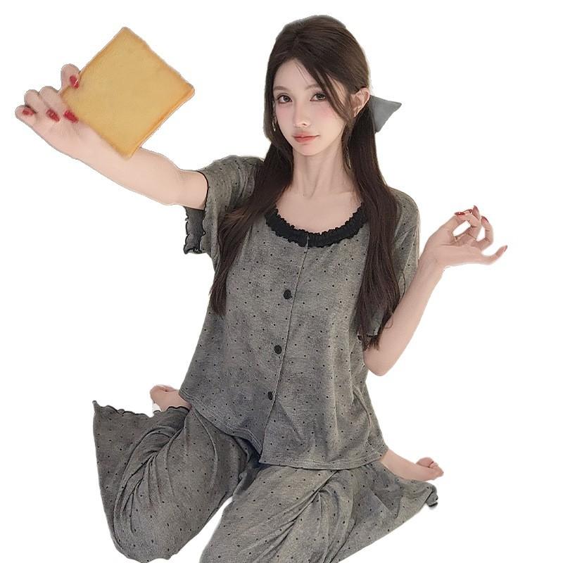 Oh Mi Da Modal cotton pajamas women's summer short-sleeved trousers high-end printed crew neck cardigan loungewear set