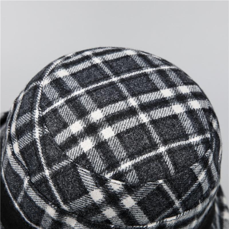 Mid-autumn Winter Hat Ladies Warm Thickened Woolen Basin Hat Plaid Bucket Hat