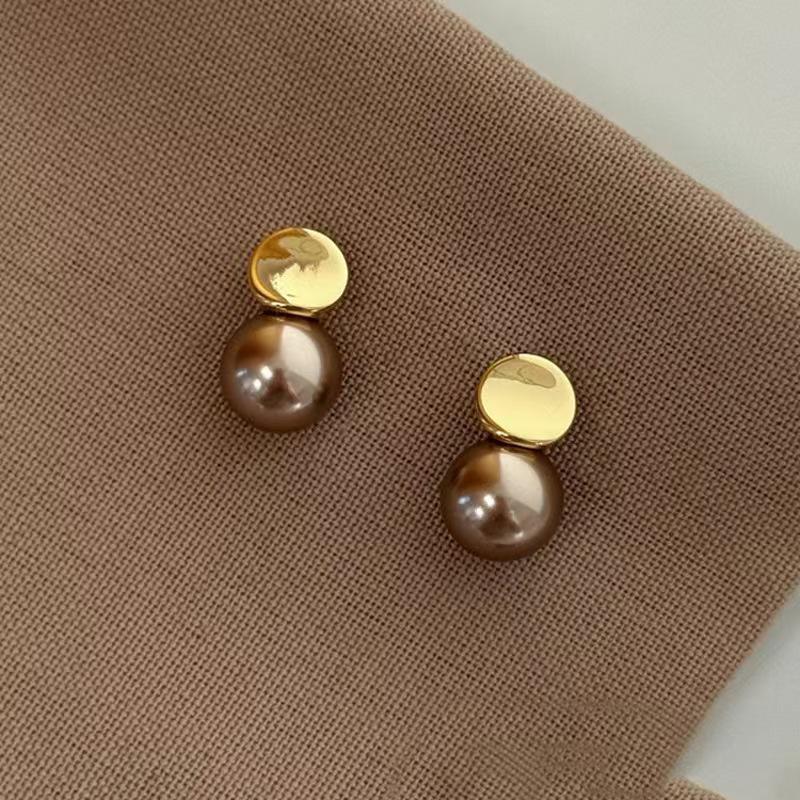 Champagne Round Sequin Pearl Retro Earrings for Women - High-End Niche Design Versatile Studs