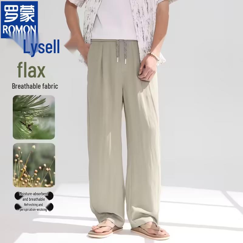 Luomeng Men s Old Money Style Wide-Leg Lyocell Linen Casual Pants M хаки