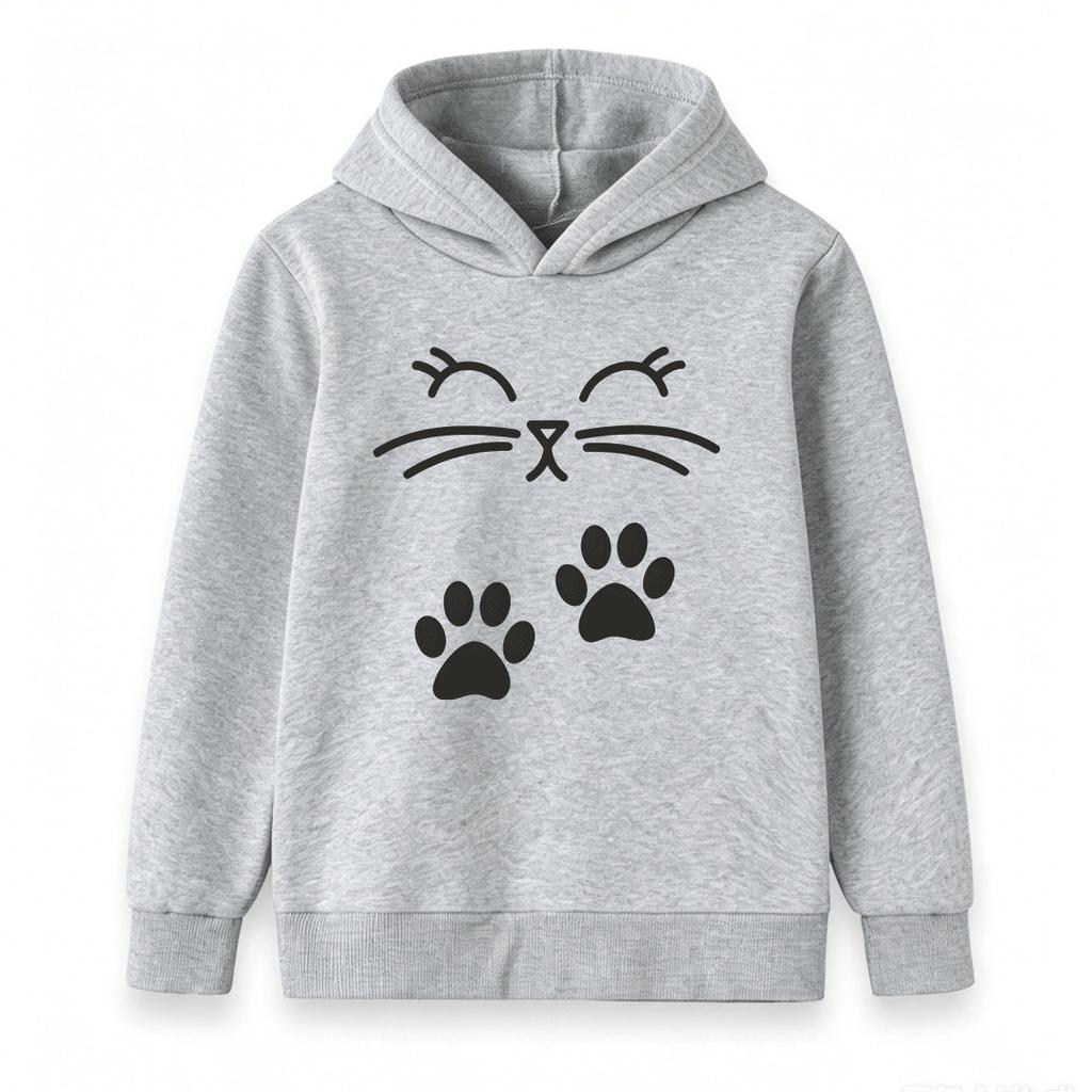 Kids Unisex Boys Girls Pullover Hoodie, Cute Cat Face Paw Print Sweatshirt, Casual Soft Long Sleeve Hooded Top for Daily Wear School Outdoor Activitie