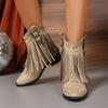Women's Fashion Boots Pointed Toe Square Heel Rivet Tassel Short Boots Retro National Style Winter Women's Boots with Fur Lining