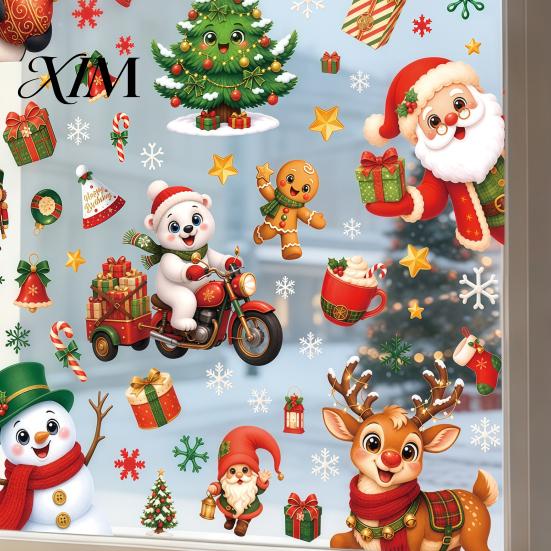 Easy Paste Window Decorations 6Pcs Christmas Cling, Santa Snowman Penguin Reindeer Static Glass Removable Holiday Decals for Storefront, No