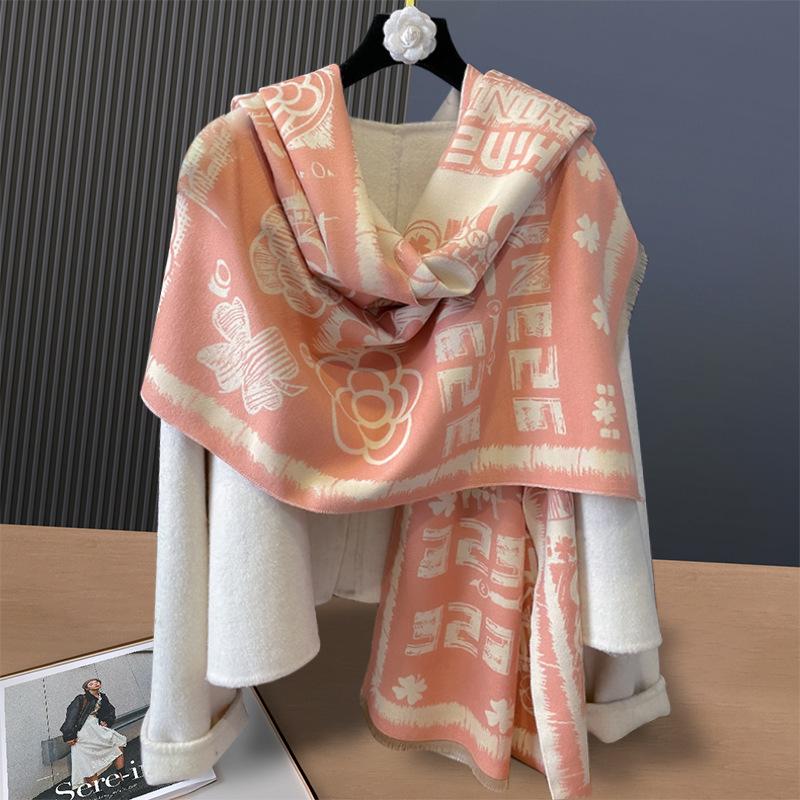 Imitation Cashmere Scarf Versatile Camellia Four-leaf Clover Thermal Air Conditioner Shawl with Fashionable Scarf