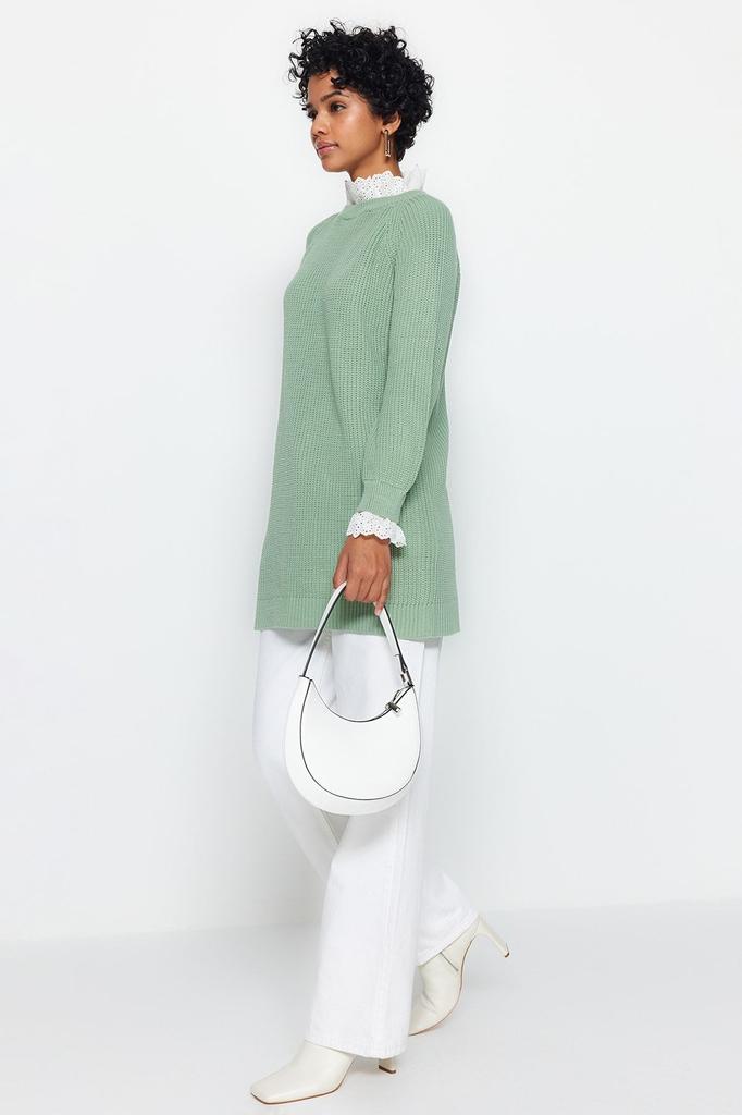 Women's Fashionable Stylish Hijab Sweater Black Guipure Detailed Thessaloniki Knitwear Sweater