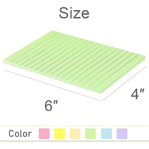 Lined Sticky Notes 4X6 in Pastel Ruled Post Stickies Colorful Super Sticking Memo Pads, 45 Sheets/pad, 6 Pads/Pack