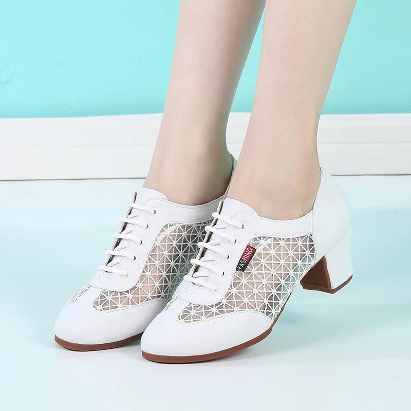 

Genuine Leather Girls Dance-Shoes for Women Ladies Latin ballet Ballroom Modern Tango Jazz Dancing Shoes Lace Mesh Salsa Sandals 34