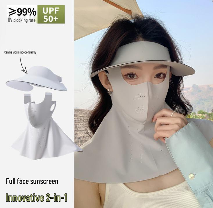 Women's UV Protection Facekini: Removable Ice Silk Mask with Brim, Full Face & Neck Shield.