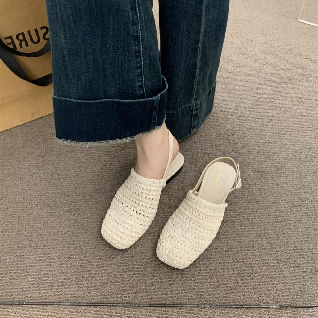 First Encounter Bohemian Style Linen Woven Breathable After Empty Bag Head Half Slippers Women'S Flat Bottom Outer Wear