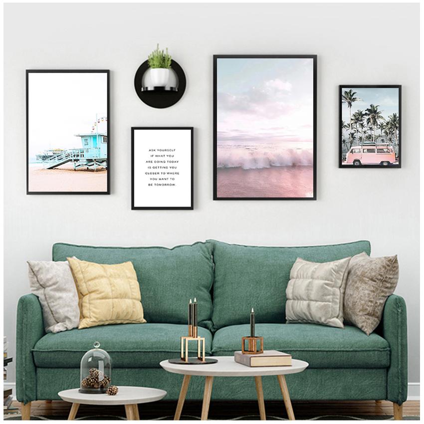 Painting Decoration Picture Scandinavian Home Decor Ocean Landscape Canvas Poster Nordic Style Beach Pink Bus Wall Art Print