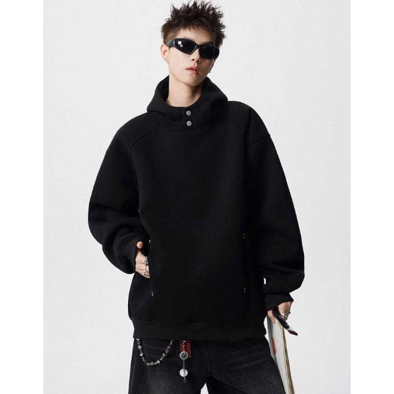 Thick Fleece-Lined Hooded Sweatshirt Unisex Oversized Winter Casual Pullover With Button