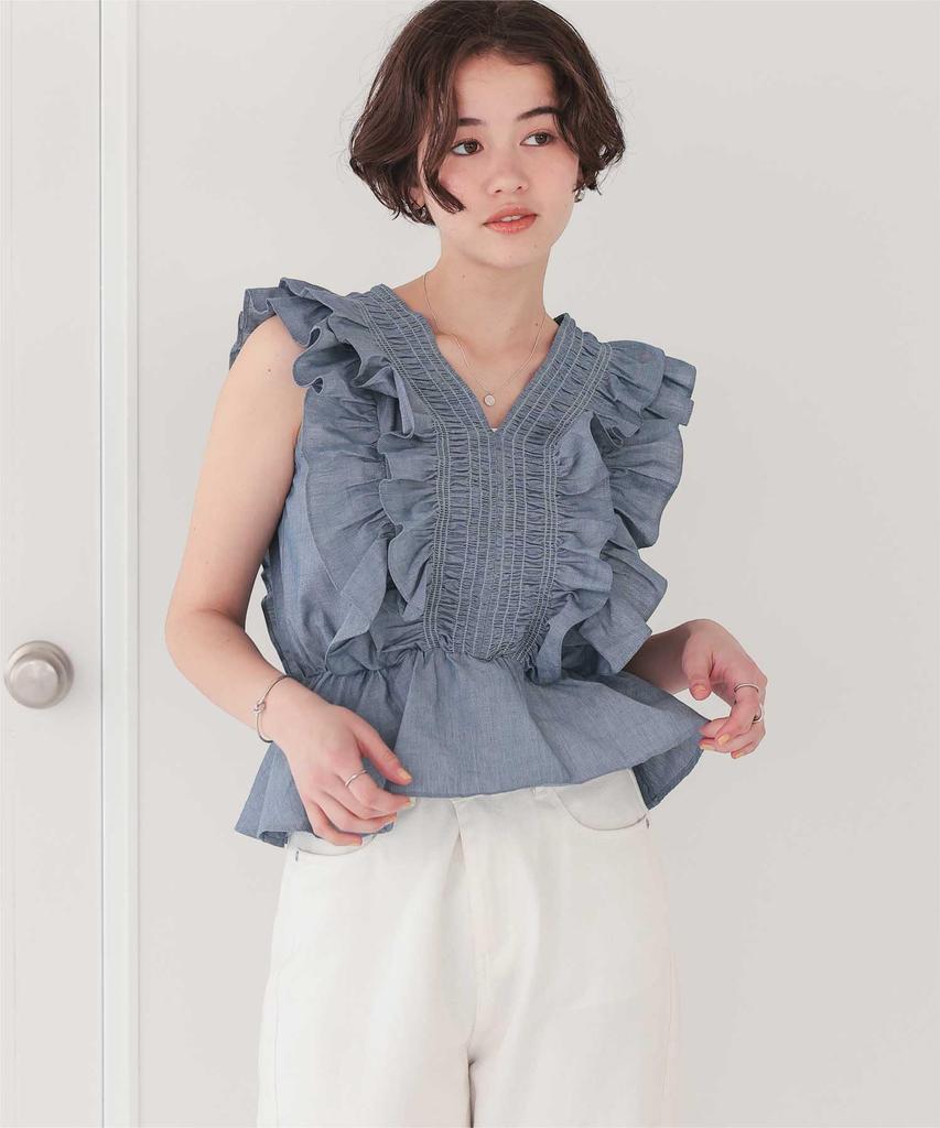 Titibait Shirred Ruffle Sleeveless Blouse AFXP4275 Medium Blue Women's