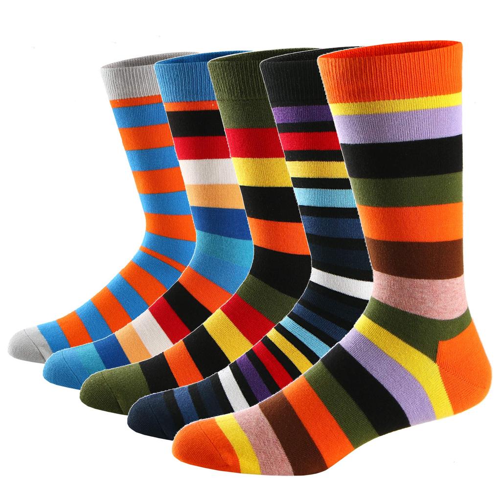 5Pairs Mens Fun Dress Socks Pattern Funny Socks Pack Colorful Striped Combed Cotton Novelty Socks Cool Breathable Casual Socks