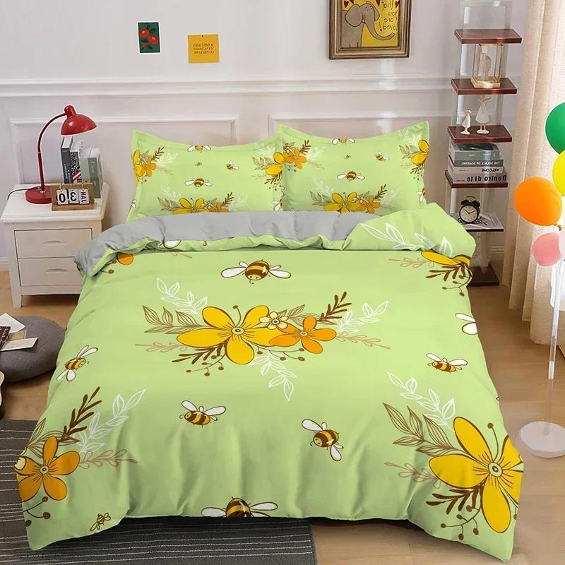 3Pcs Cute Cartoon Bee Bedding Set King Queen Sweet Duvet Cover Set Honey Kids Boys Girl Spring Insect Polyester Quilt Cover