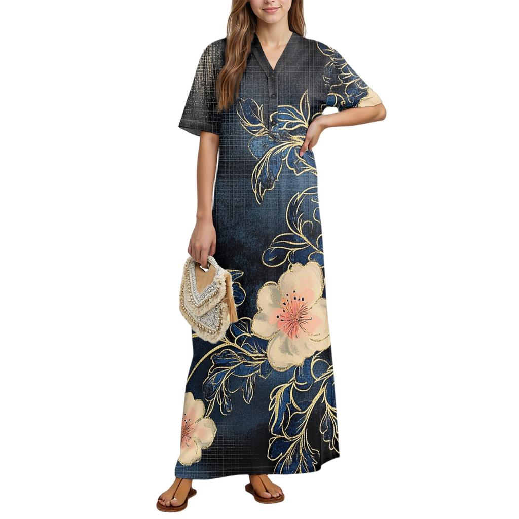 Damenmode Bedrucktes Nachthemd Hauskleidung Kurzarm-Nachthemd mit Taschen Langes Kleid