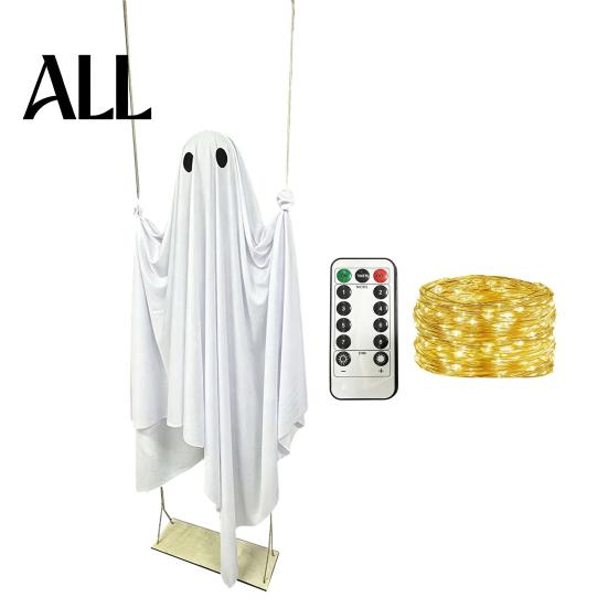 Indoor Outdoor Spooky Atmosphere Halloween Hanging Ghost Swing Decor with String Lights, Glowing Floating Remote Control Lights Ornament for