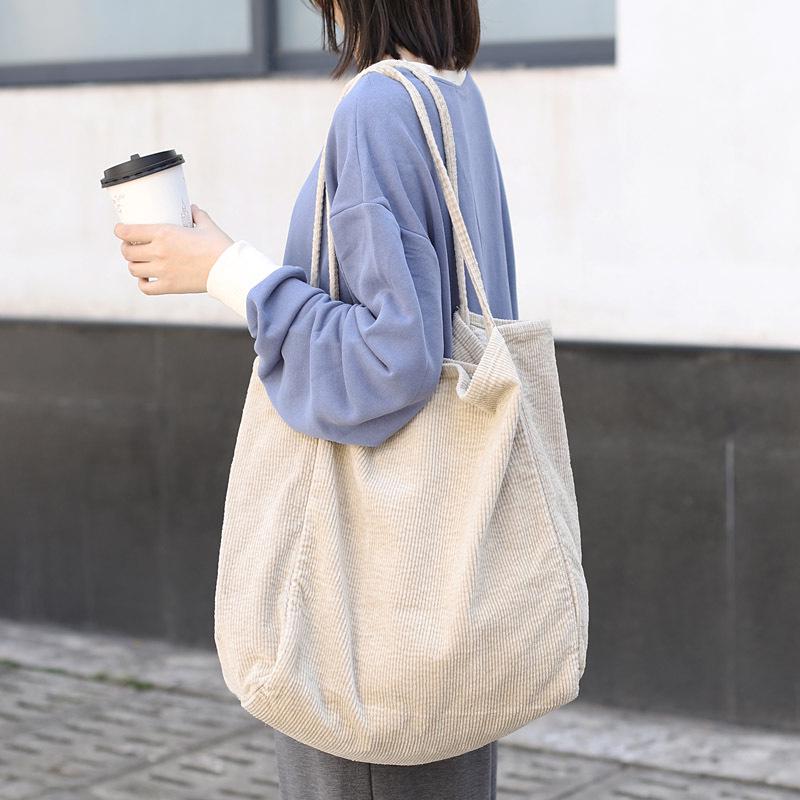 

Women Fashion Corduroy Shoulder Bag Large Capacity Female Big Tote Handbag Folding Reusable Shopping Bags Thin Strap Cloth Purse