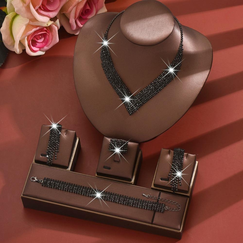Premium Design Full Diamond Super Flash Necklace, Tassel Earrings, Bracelet, Ring Set Bridal Jewelry Set