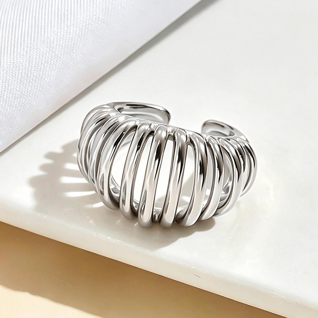 High-End Adjustable Stainless Steel Geometric Hollow Ring for Women