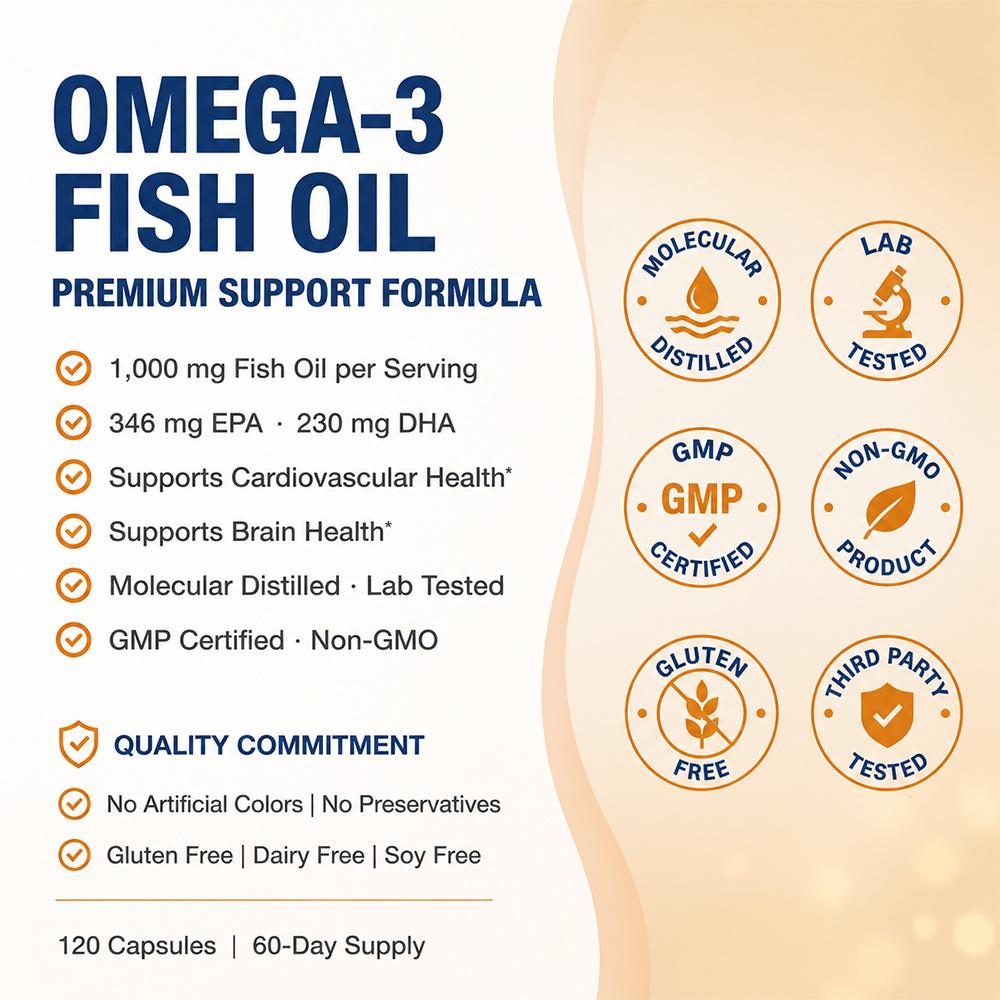 Fish Oil 1000 Mg Dietary Supplement, With Omega-3, Epa, Dha, 120 Softgels Per Bottle