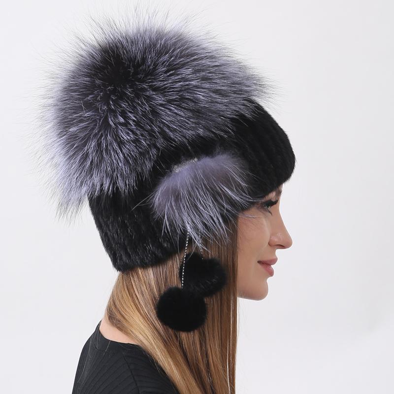 Women's Mink & Fox Fur Hat - Natural Real Fur Knitted Beanie with Pompoms, Warm Elastic Winter Trapper Cap for Ladies