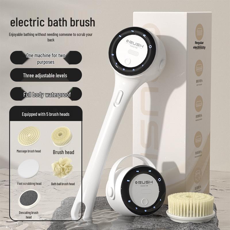 Wireless Long-Handle Electric Bath Brush with Digital Display - Waterproof Automatic Shower Scrubber